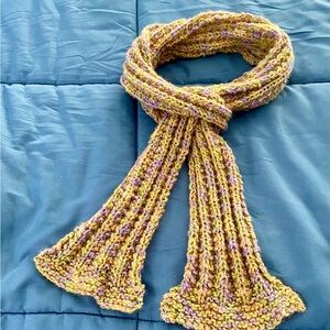 Hand Knit Yellow and Purple Knit Scarf